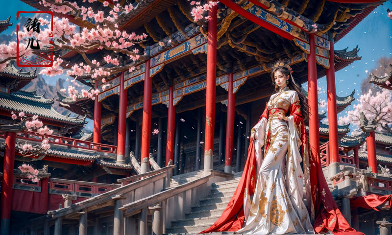 606247209521969376-837199336-palace background，Dark and majestic Chinese palace background, wavy plum blossoms, a beautiful girl standing in the center of th.jpg